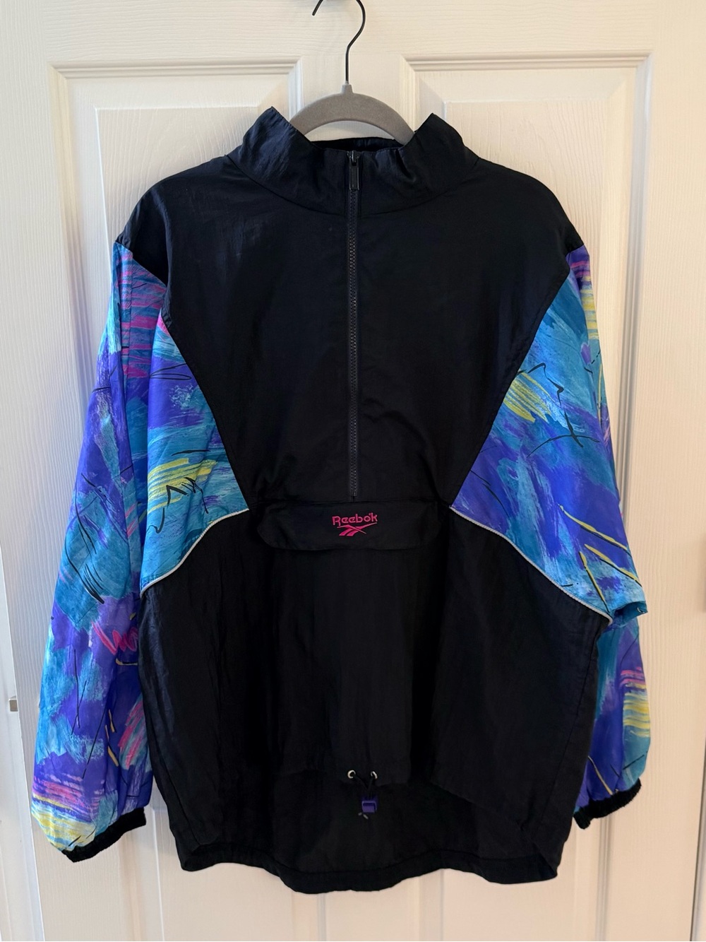 Vintage Reebok Black Jacket with Purple and Blue Graphic Sleeves